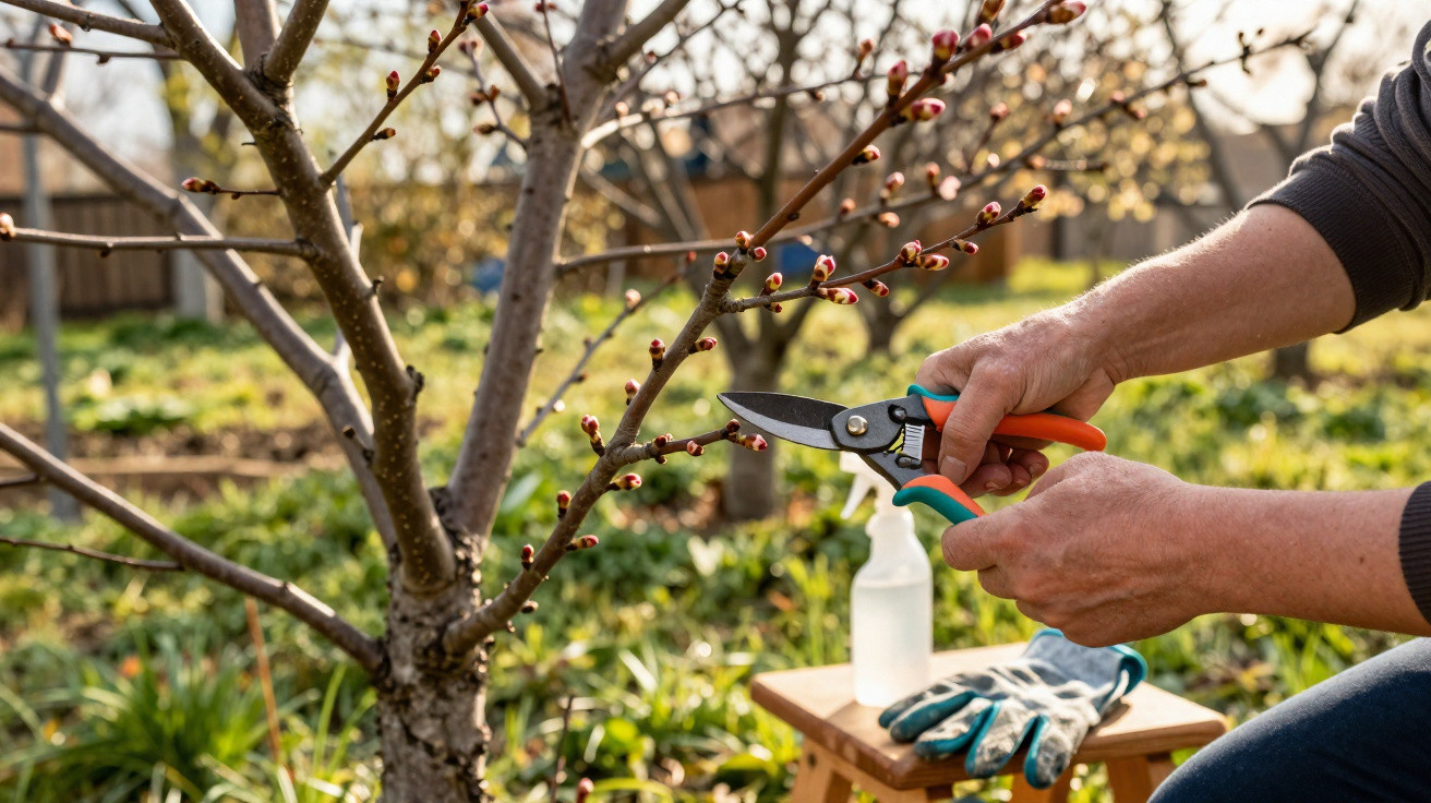 Person pruning a budding tree branch with secateurs in a sunlit garden setting.