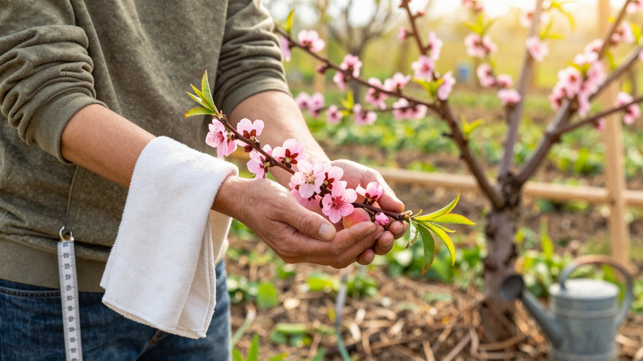 Person holding a blooming pink cherry blossom branch in a garden with a watering can nearby on a sunny day.