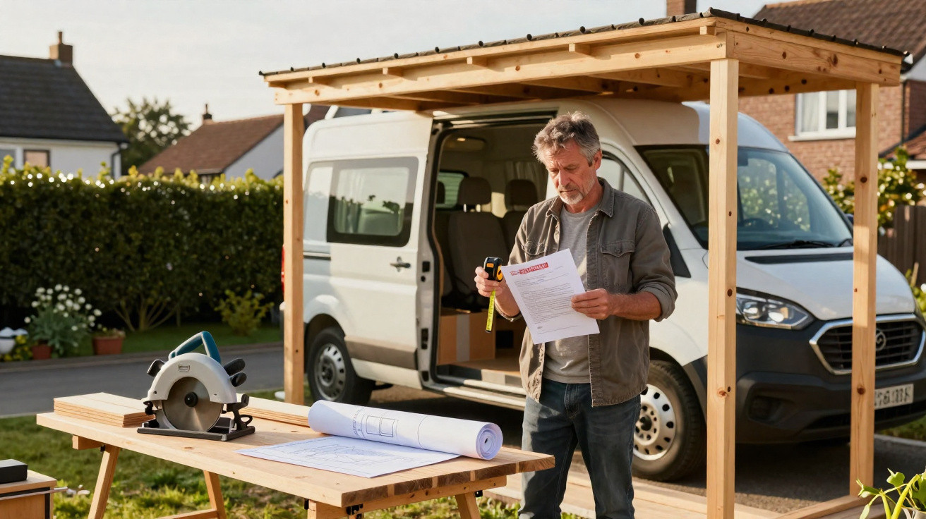 Man holding papers and tape measure by wooden frame and workbench with power saw and plans near white van.