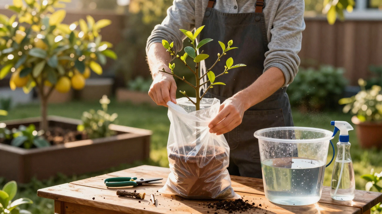 Person potting a small tree outdoors with gardening tools and water on a wooden table in sunlight