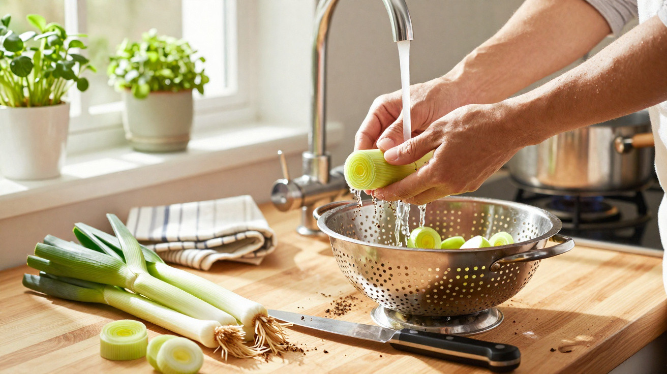 Person washing sliced leeks in a colander under running water in a bright kitchen.