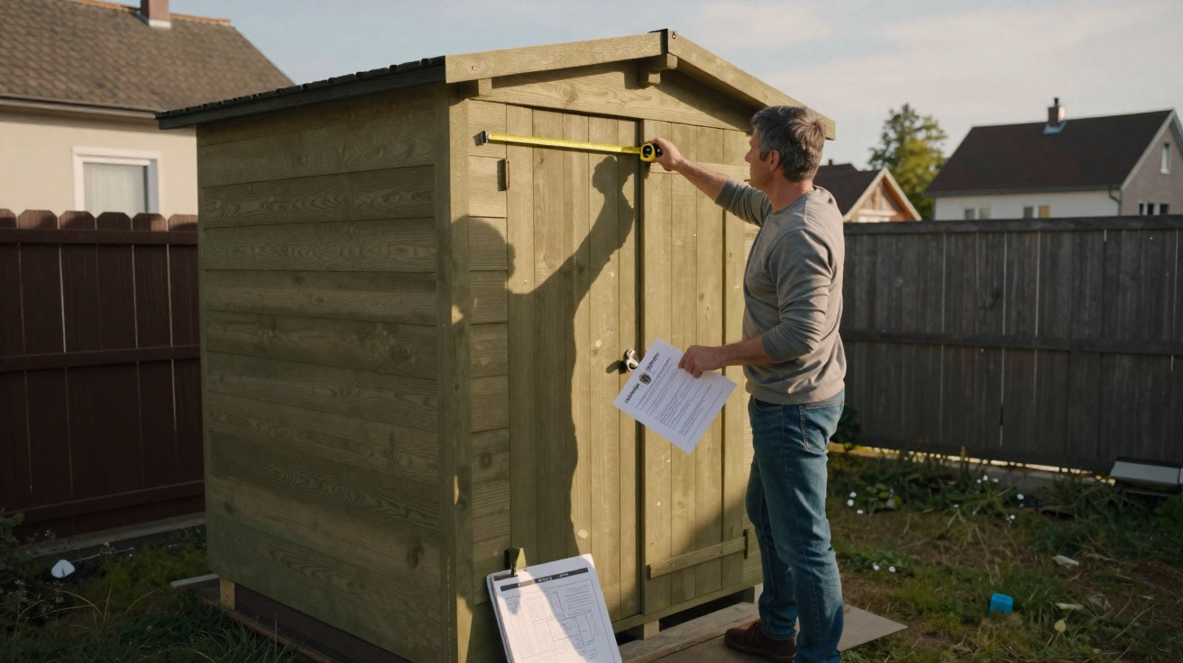 Man measuring a newly built wooden garden shed with a tape measure and instruction sheet.