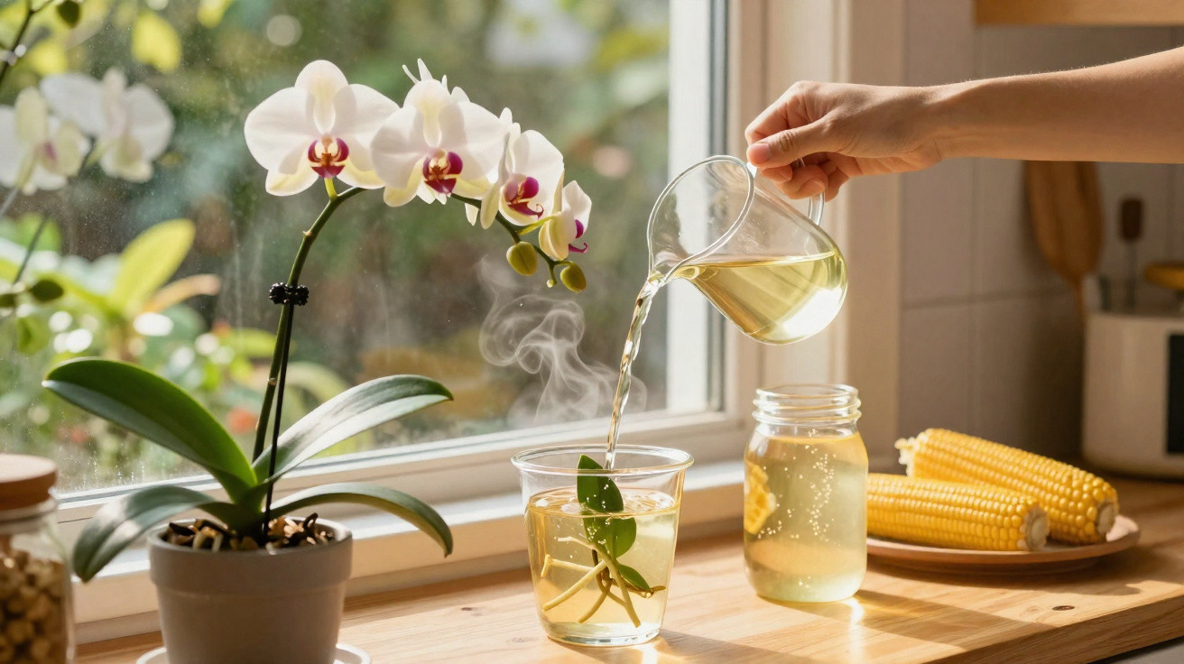 Hand pouring hot herbal tea into a glass on a windowsill with an orchid and corn cobs in sunlight.