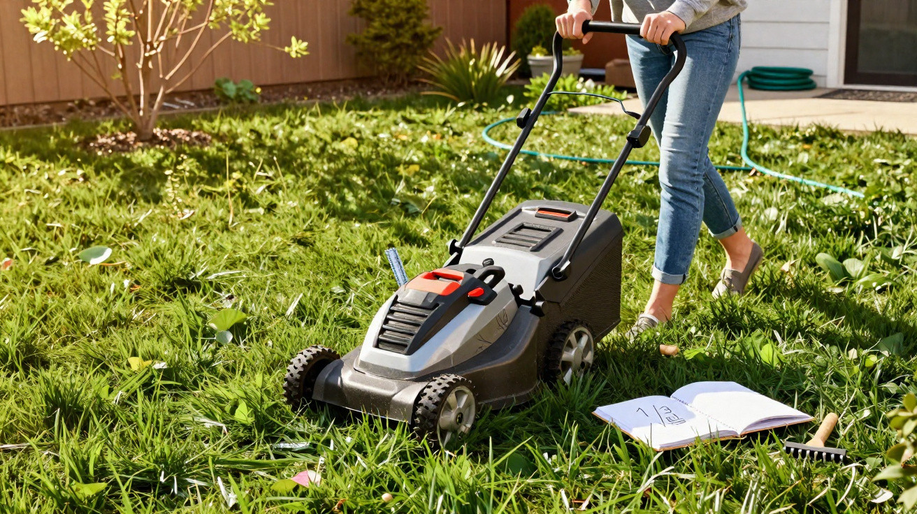 Person pushing a lawn mower on grass in a backyard with gardening tools and a notebook nearby.