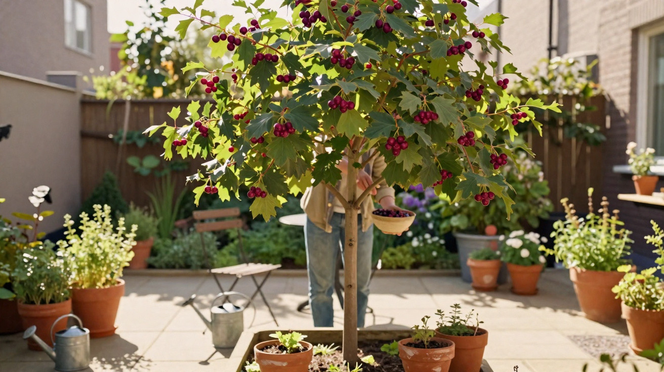 Person harvesting red berries from a small tree in a sunlit urban garden with potted plants and patio furniture.