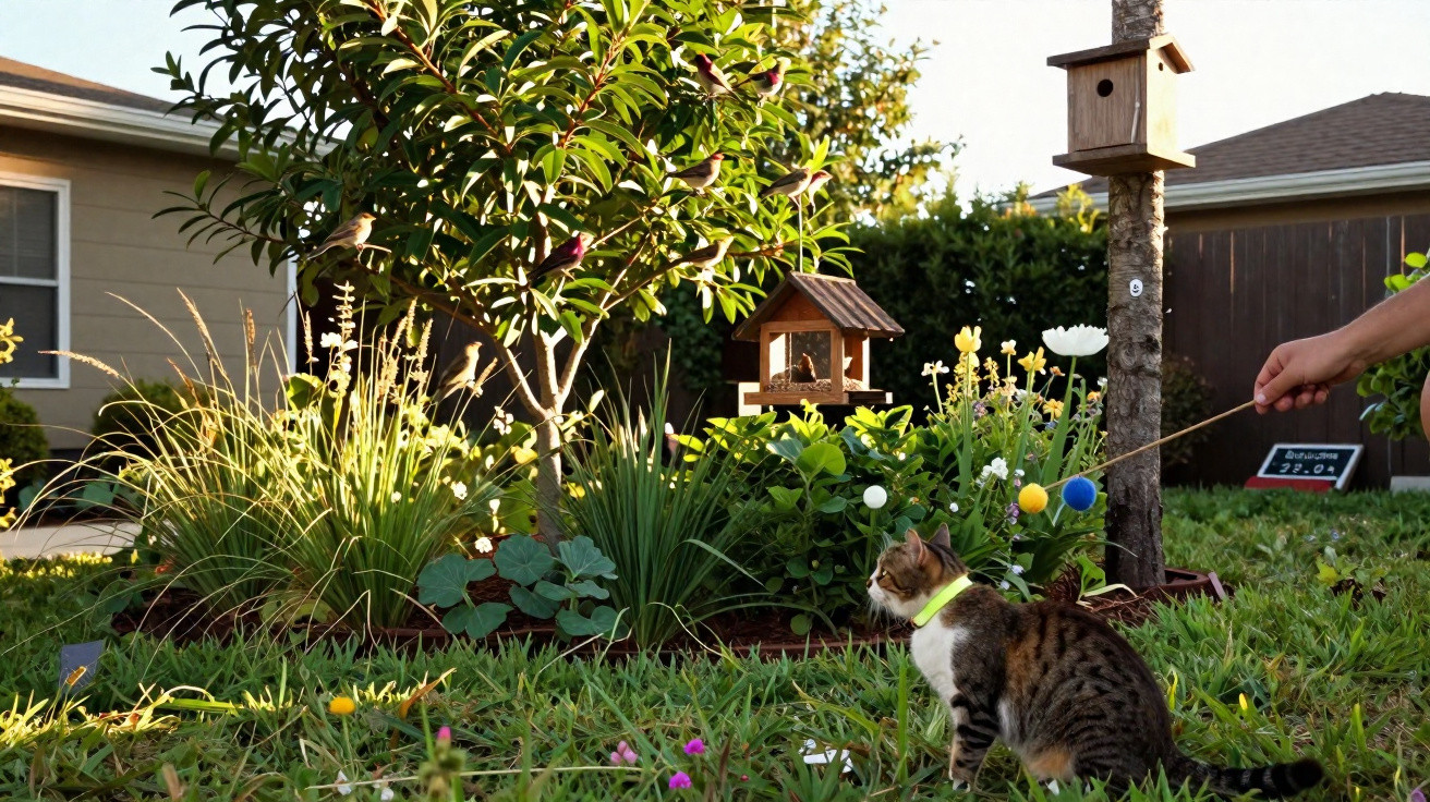 Tabby cat wearing a collar watches a person play with a pom-pom toy in a sunny garden.