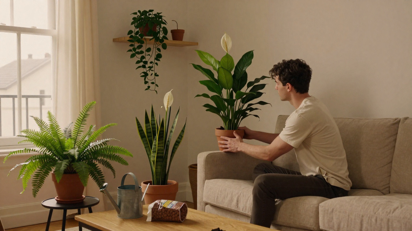 Man placing a potted peace lily on a beige sofa in a plant-filled living room with natural light.
