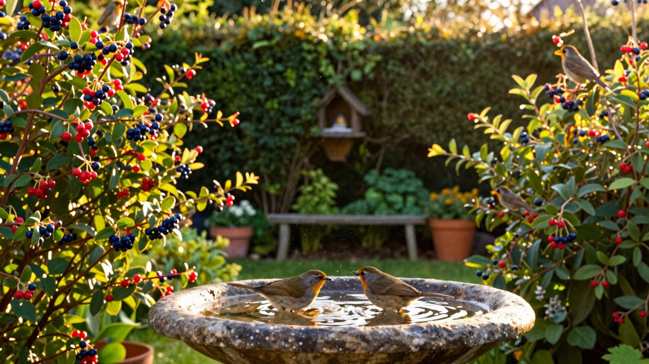 Two small birds perched on the edge of a stone birdbath surrounded by berry-laden bushes in a sunlit garden.