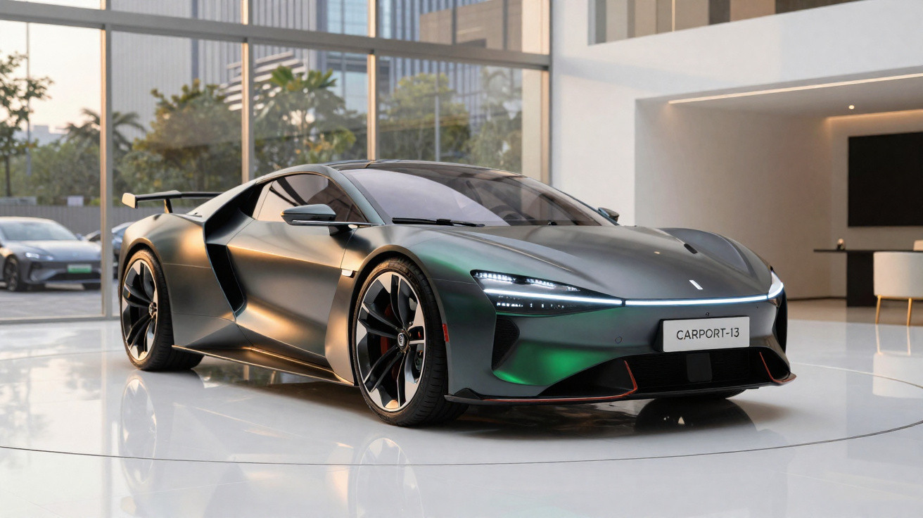 Sleek dark grey sports car with LED headlights displayed in a modern showroom with large windows.