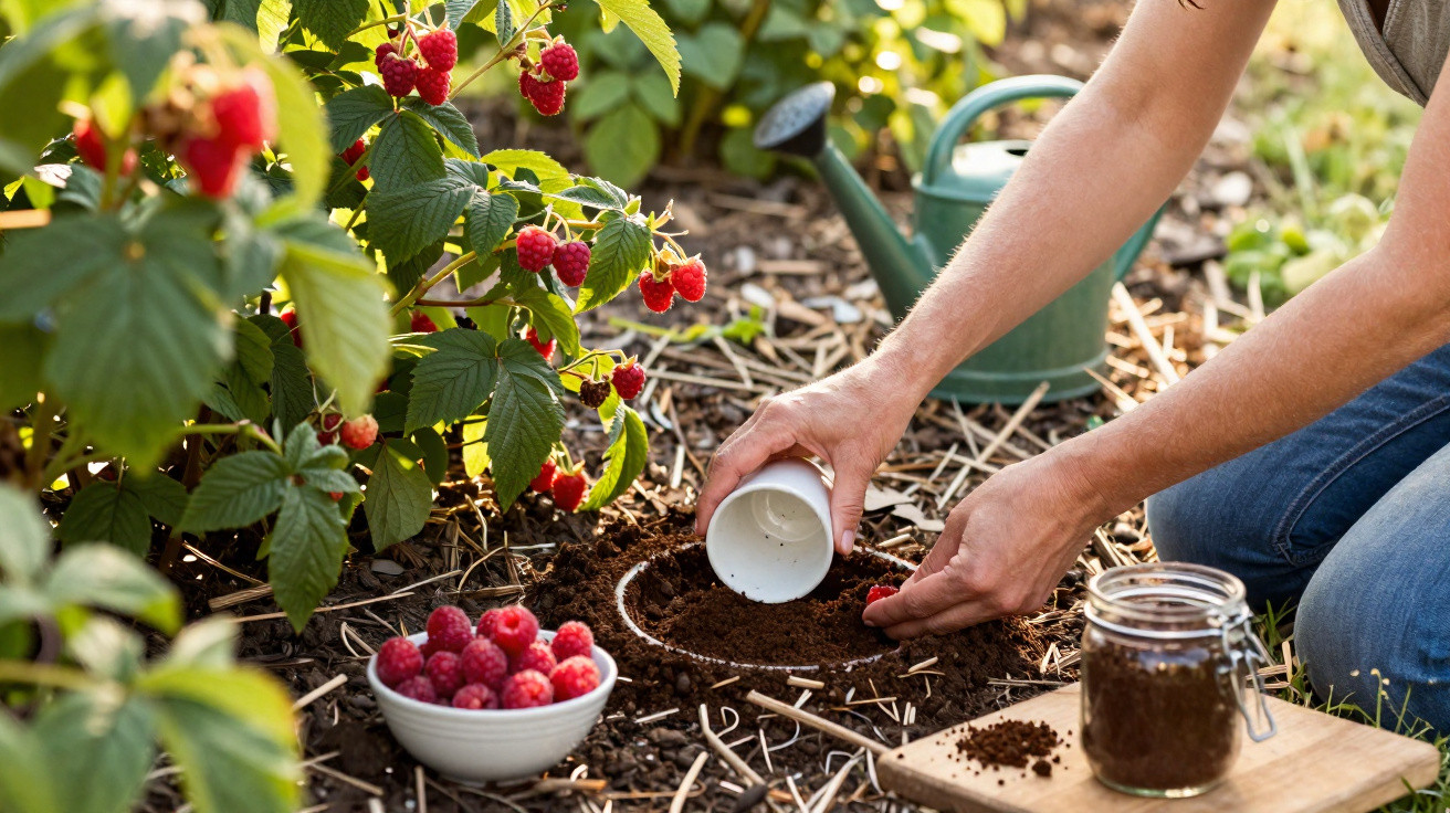 Person planting raspberry seedling next to a bush with ripe raspberries and a bowl of harvested berries nearby.