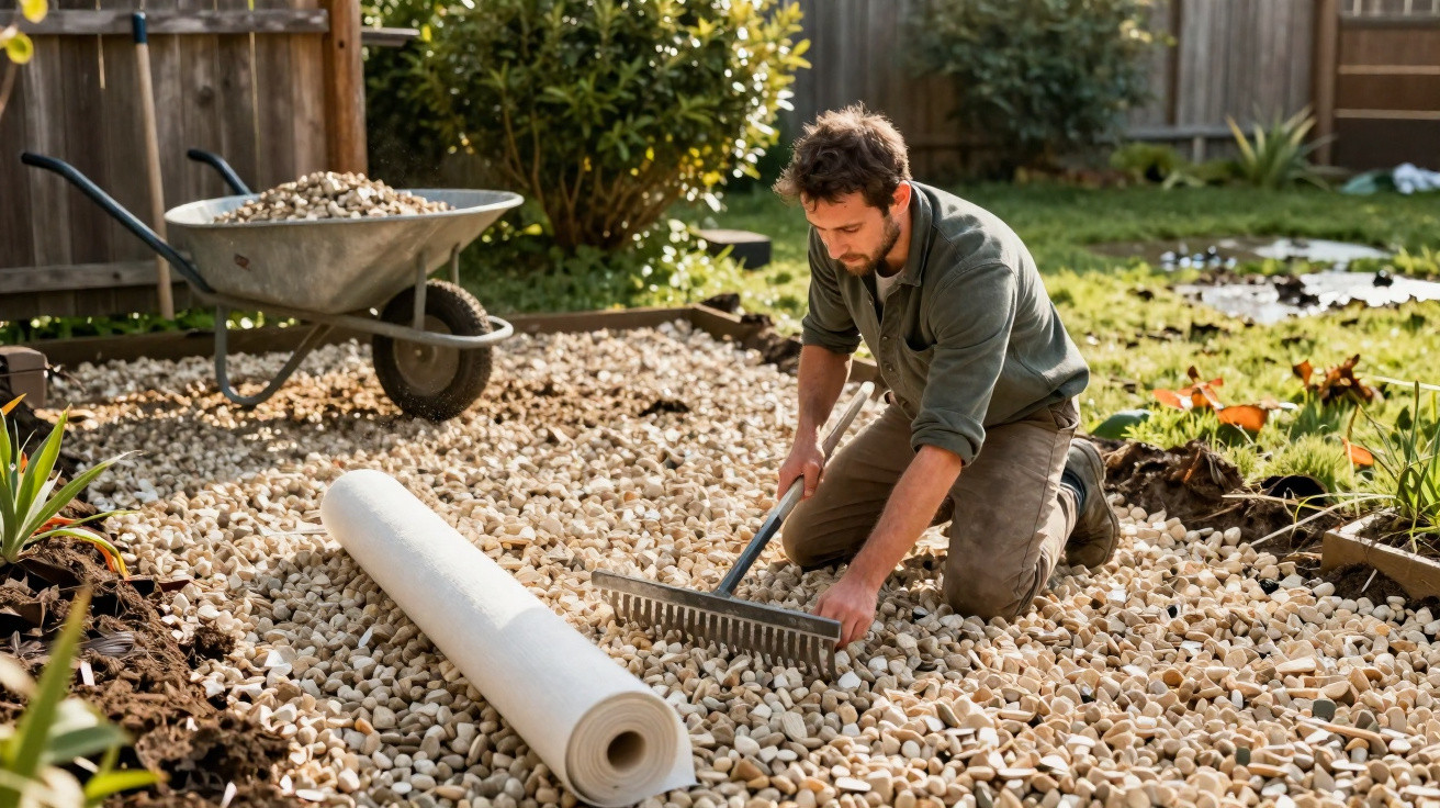 Man kneeling on gravel using a rake, next to a rolled landscape fabric and a wheelbarrow in a garden area.