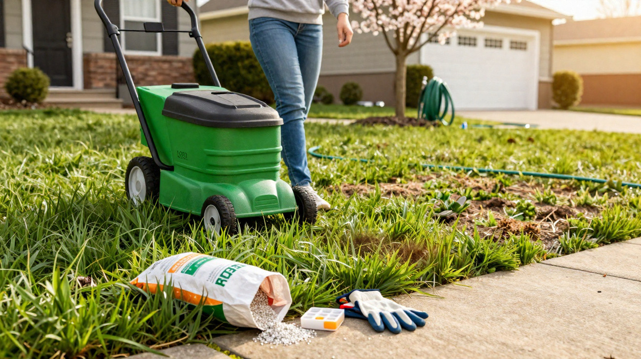 Person using a green lawn aerator on patchy grass with fertiliser, gloves, and lawn treatment products nearby.