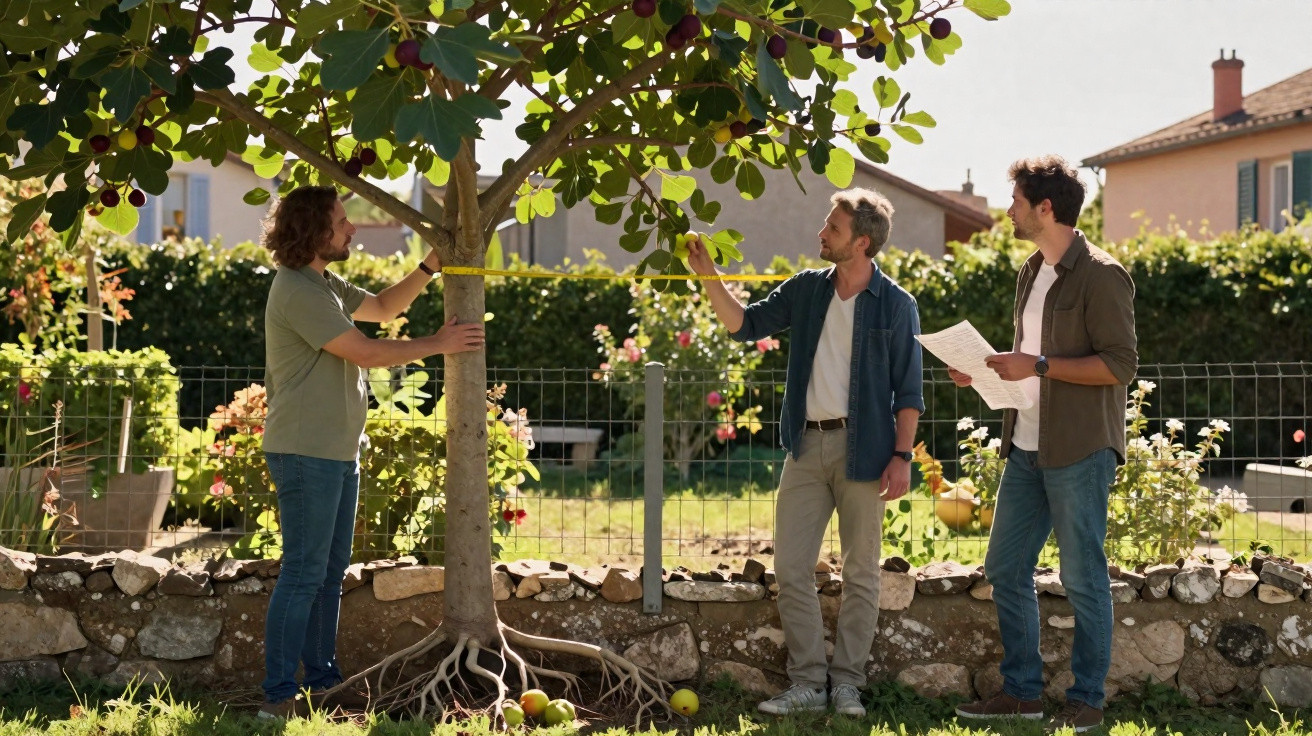 Three men measuring a tree trunk and inspecting apples in a sunny suburban garden.