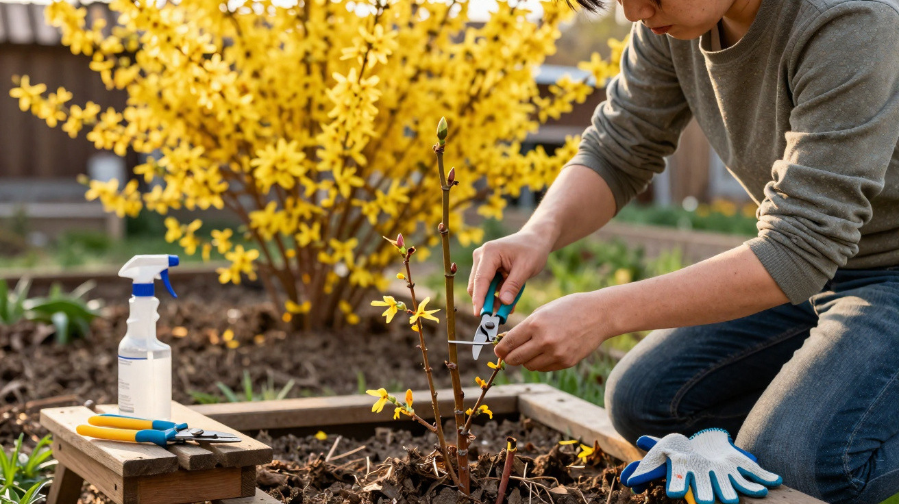 Person pruning yellow flowering plant in garden with tools and spray bottle nearby on wooden bench