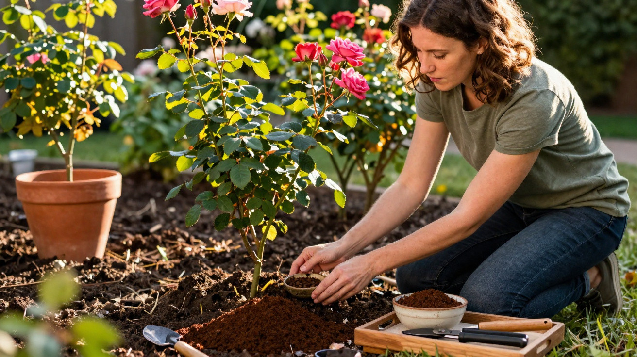 Woman kneeling in garden planting rose bush with gardening tools and soil around her.