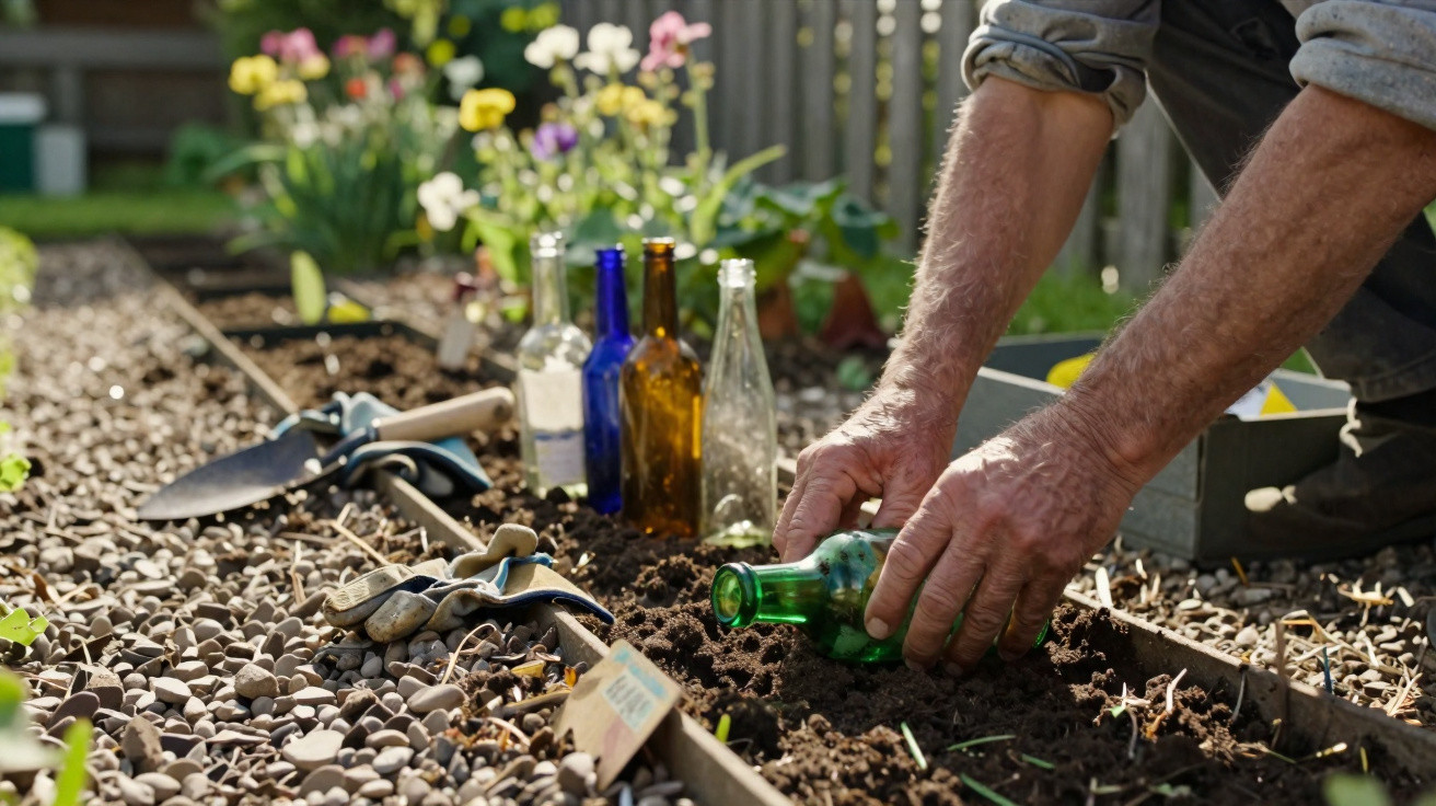 Person planting a green glass bottle in soil in a garden with other glass bottles and gardening tools nearby.