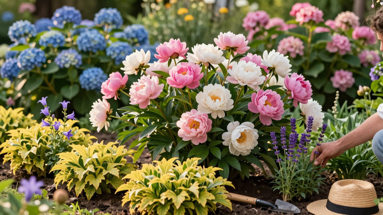 Colourful garden bed with pink and white peonies, yellow and green plants, purple flowers, and a person tending the garden.