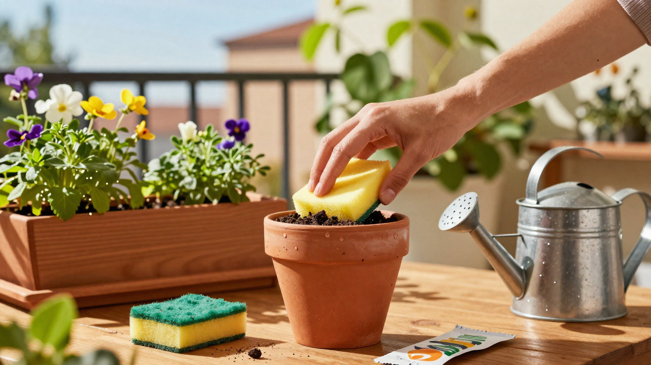 Hand placing a yellow sponge into a terracotta pot with soil on a wooden table with flowers and watering can.