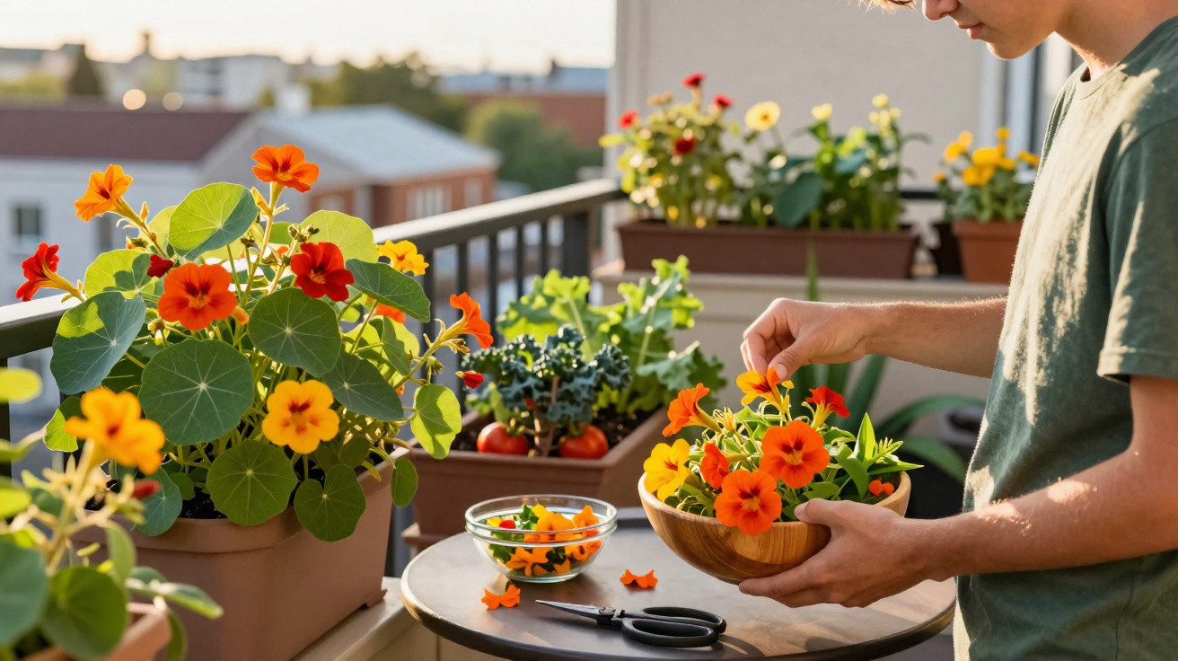 Person arranging orange nasturtium flowers in a wooden bowl on a balcony with potted plants.