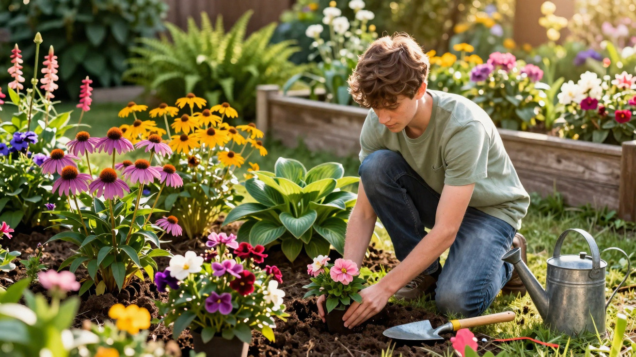 Boy planting pink flowers in a colourful garden bed with a watering can and gardening tools nearby.