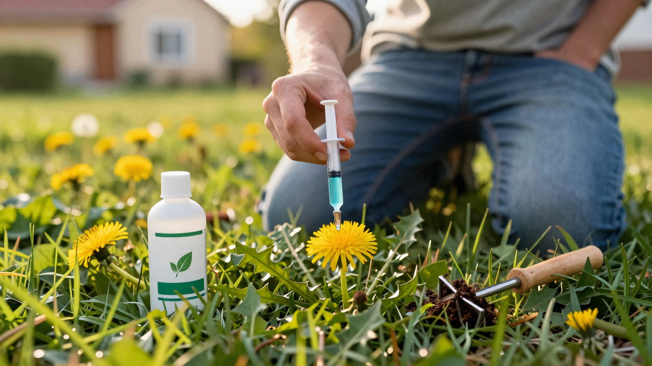 Person injecting a yellow dandelion with liquid from a syringe in a grassy garden with gardening tools nearby.