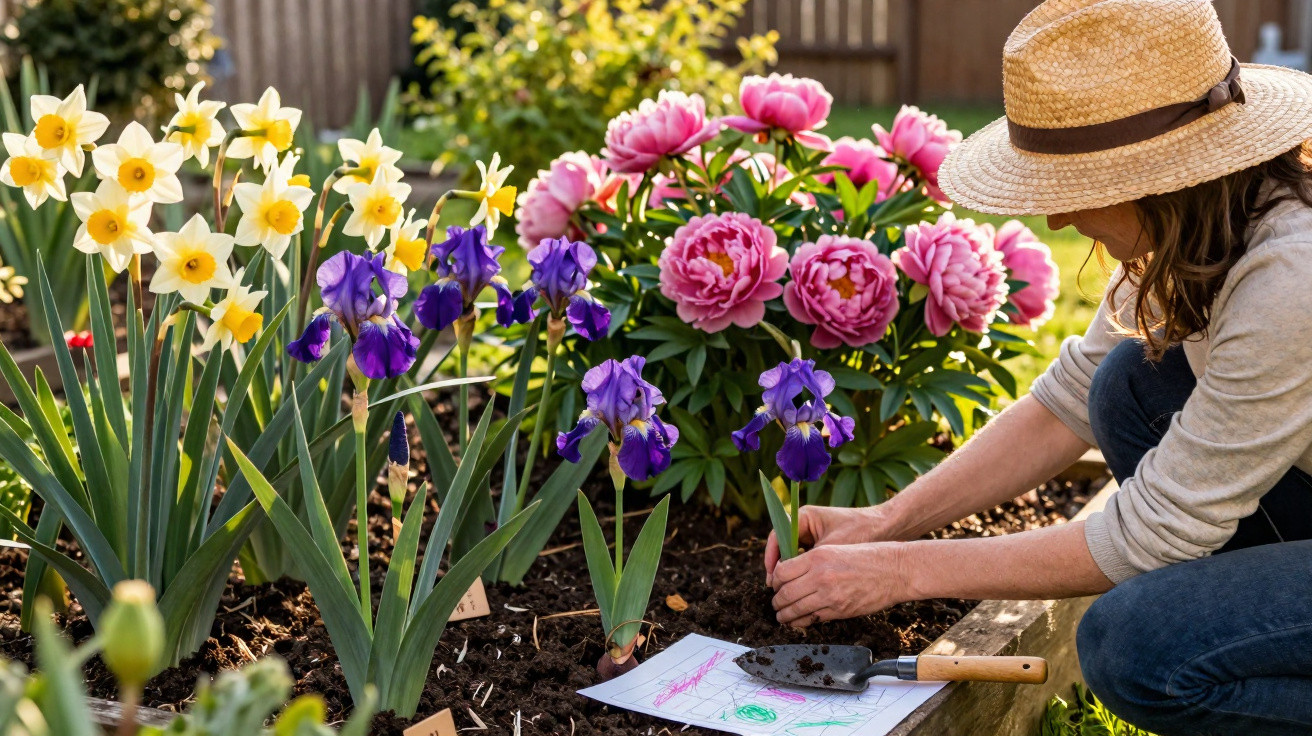 Person wearing a straw hat gardening among blooming daffodils, irises, and pink peonies in a sunny flowerbed.