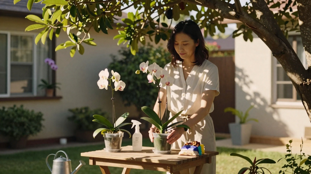 Woman tending to orchid plants on a wooden table in a sunny garden with a watering can nearby.