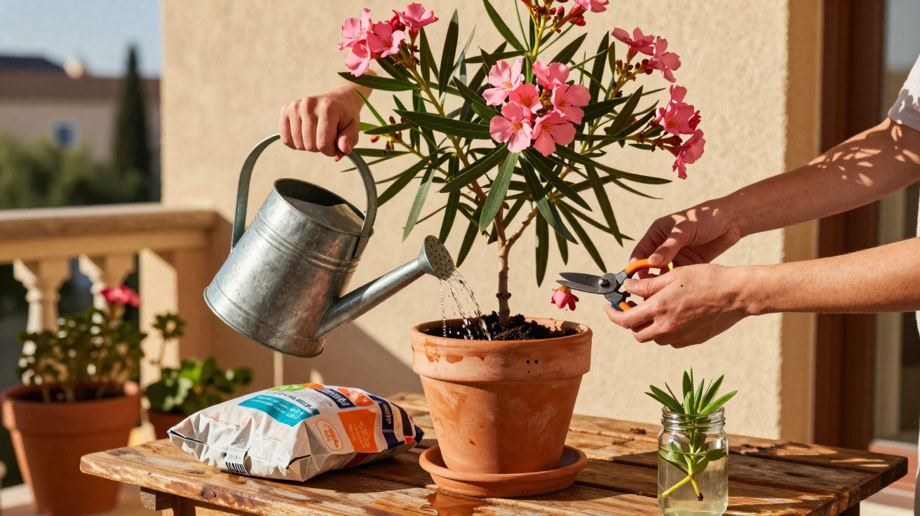 Person watering and pruning a pink flowering plant in a terracotta pot on a wooden table outdoors.