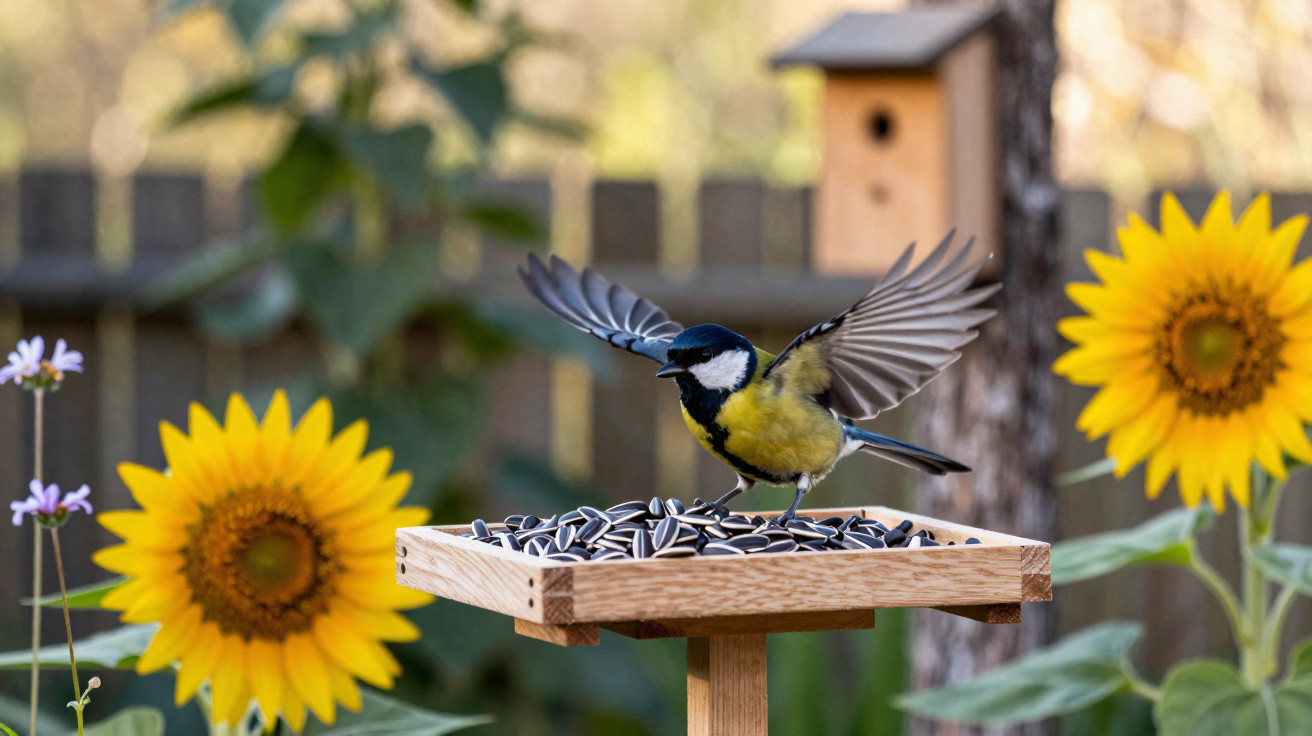 Great tit bird landing on a wooden feeder filled with sunflower seeds, with sunflowers in the background.