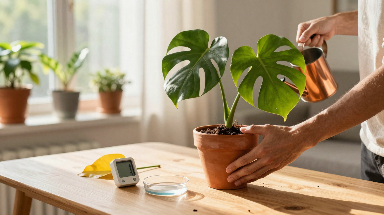 Person watering a Monstera plant in a terracotta pot on a wooden table by a bright window.
