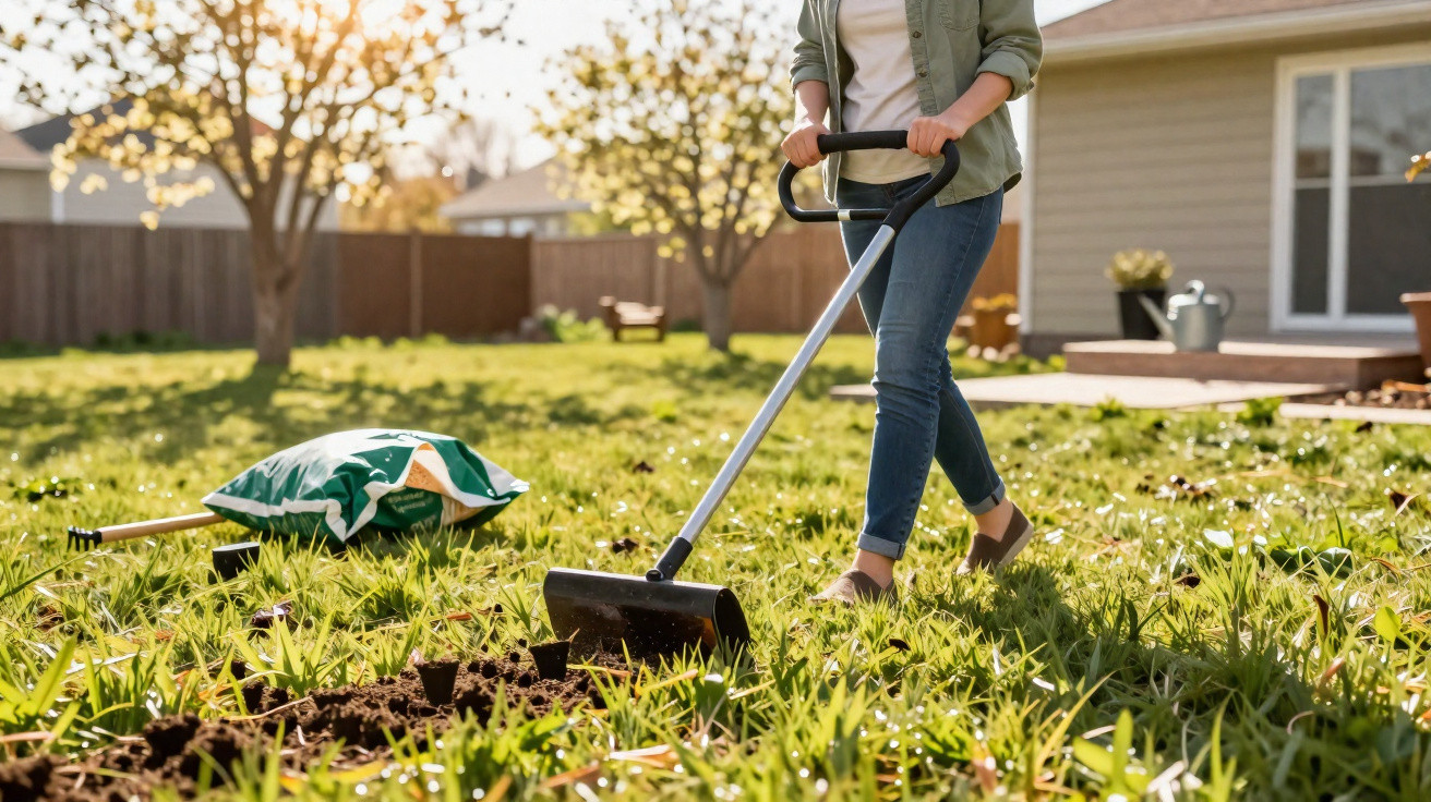 Person using a hoe to dig soil in a sunny backyard garden with tools and a bag of soil nearby.
