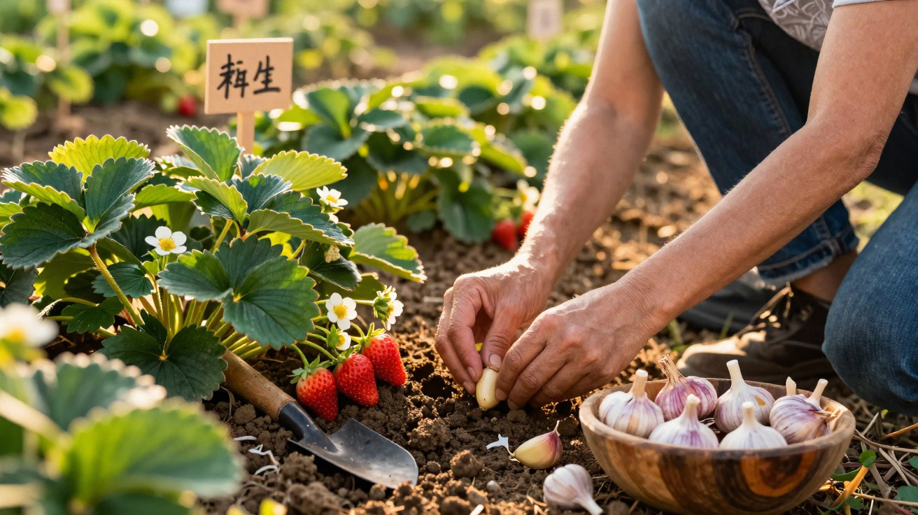 Person planting garlic cloves in soil next to strawberry plants with ripe fruit and a wooden sign.
