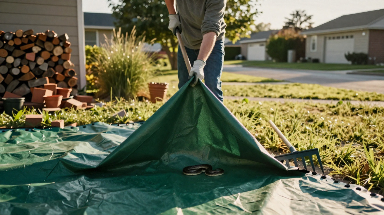 Person lifting a green tarp to reveal a snake underneath in a sunny garden near a pile of firewood.