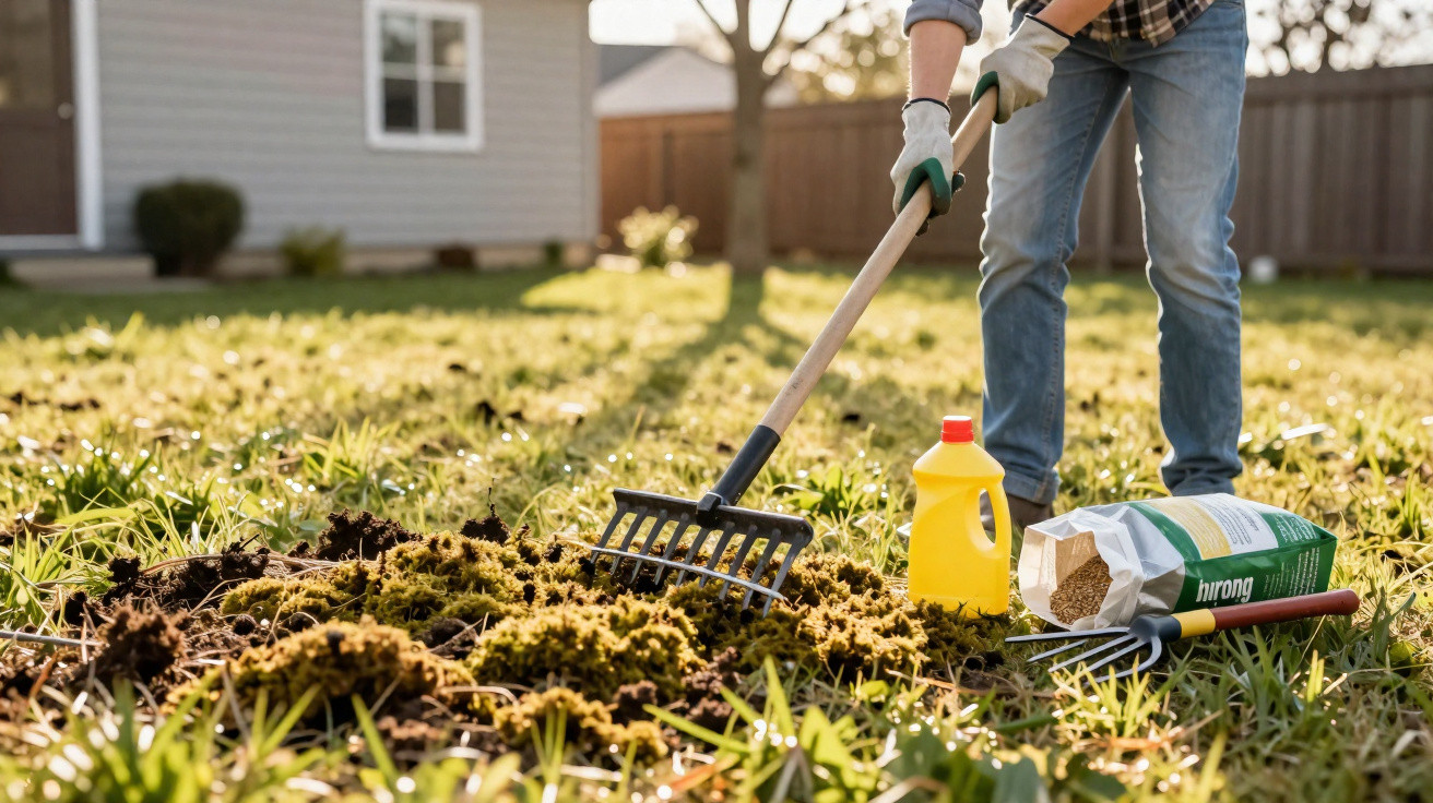 Person using a rake to spread compost on a garden lawn with gardening supplies nearby on grass.