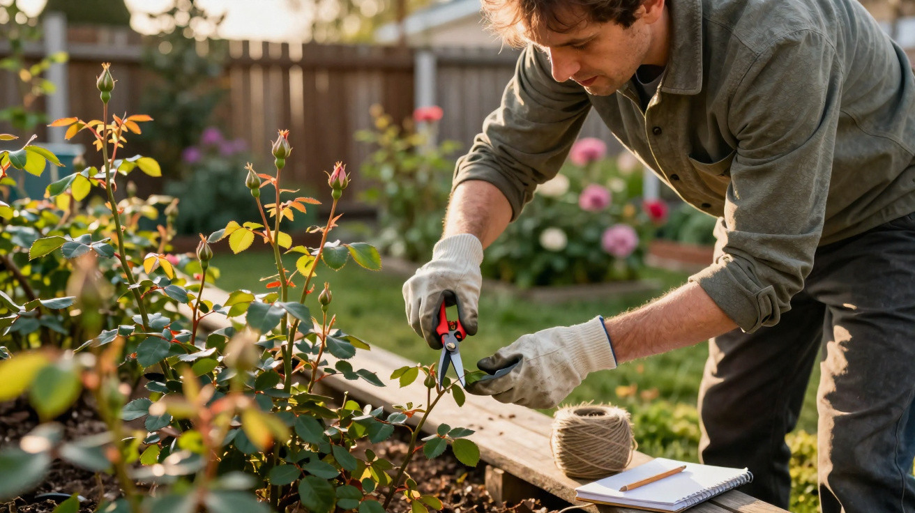 Man wearing gloves pruning rose bushes in a garden on a sunny day with garden twine and notebook nearby.