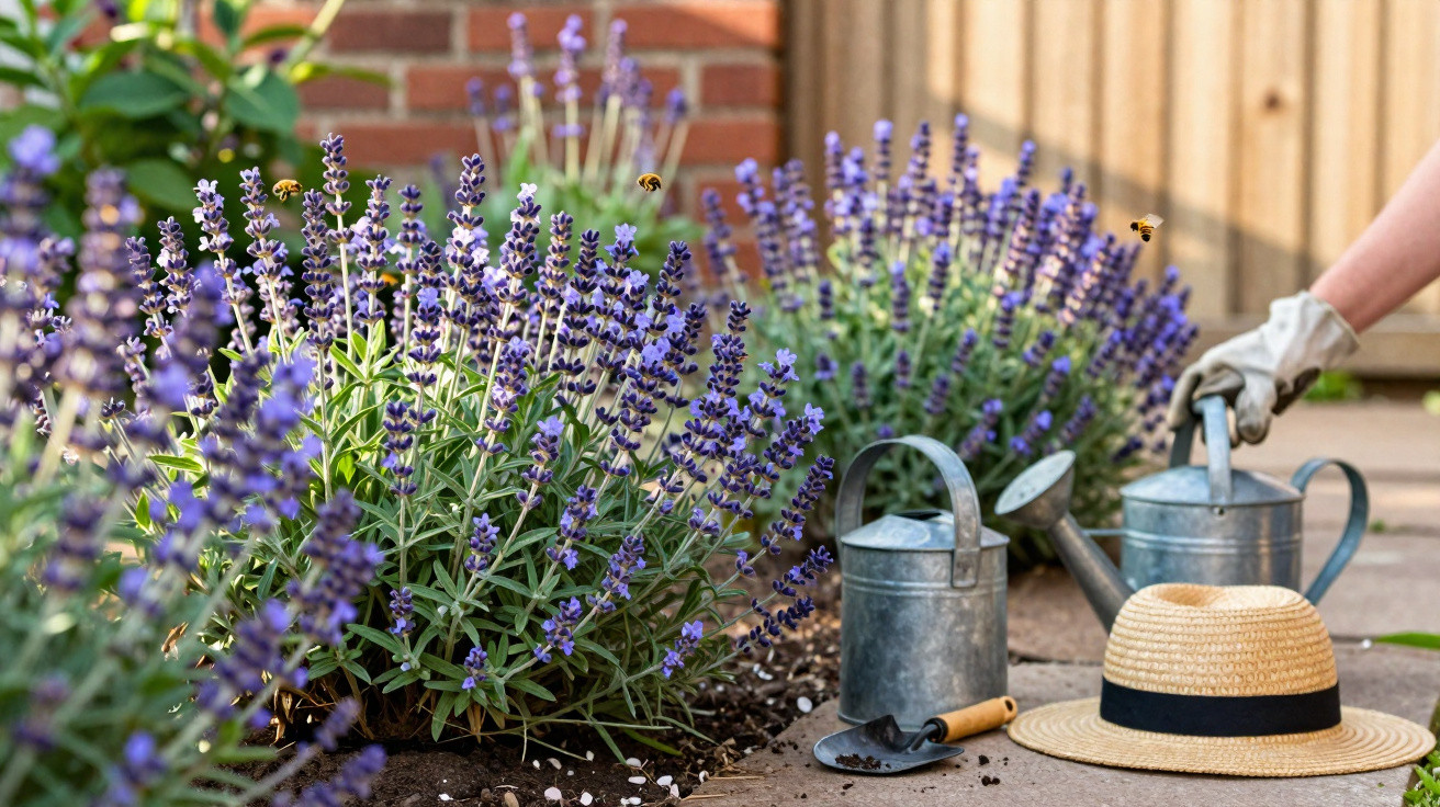 Lavender plants with bees, two metal watering cans, gardening trowel, and a straw hat on garden path.