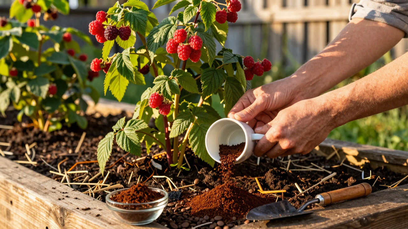 Hands pouring coffee grounds from a white cup onto soil near raspberry plants in a wooden garden bed.