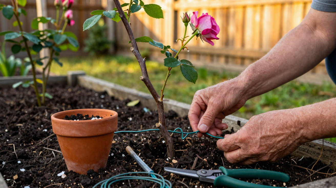 Hands tying a pink rose plant stem to a stake with green garden wire in a raised garden bed.