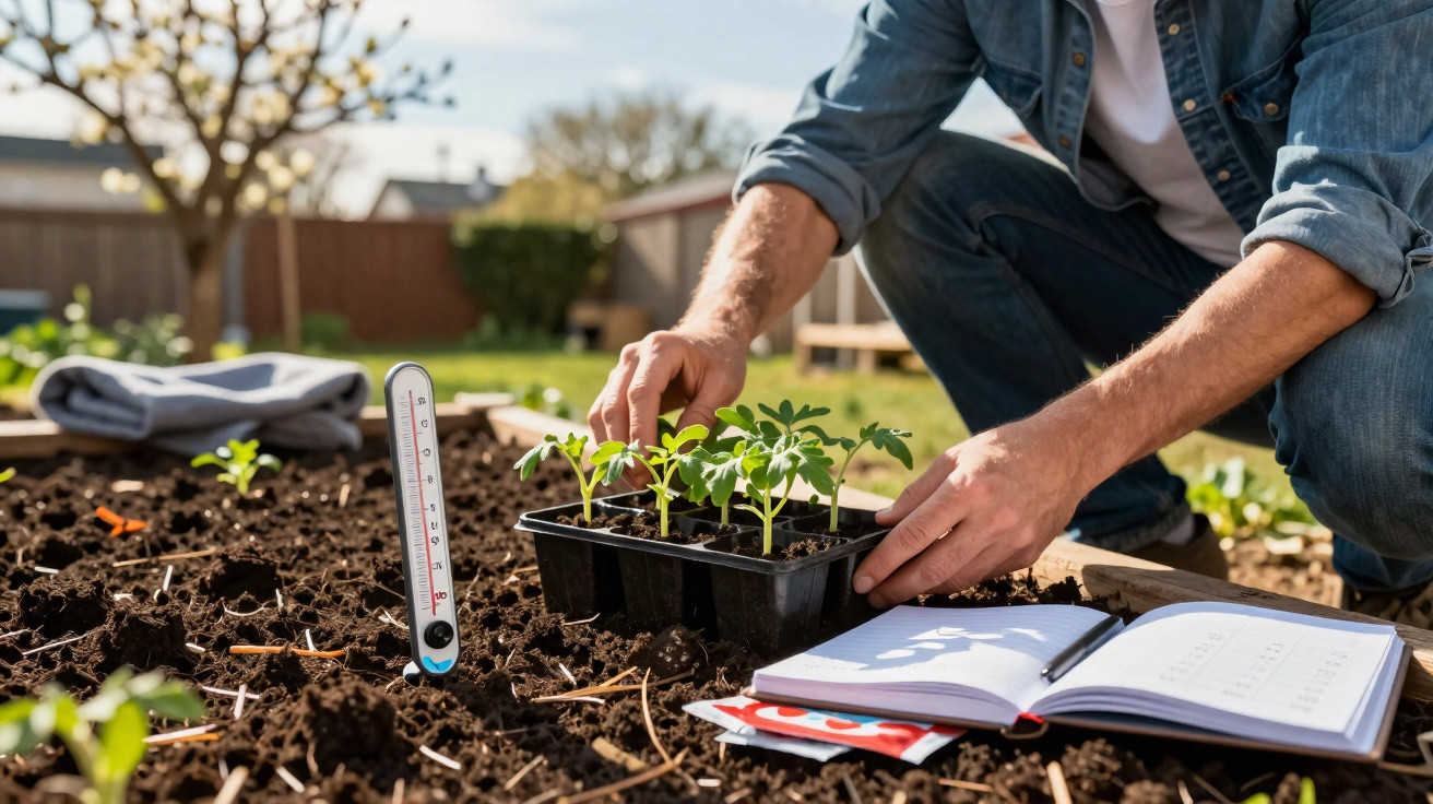 Person planting seedlings in garden soil with a thermometer and open notebook nearby on a sunny day.