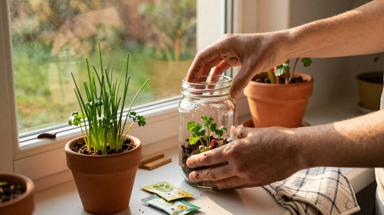 Hands planting seedlings in a jar on a windowsill with terracotta pots and seed packets nearby.