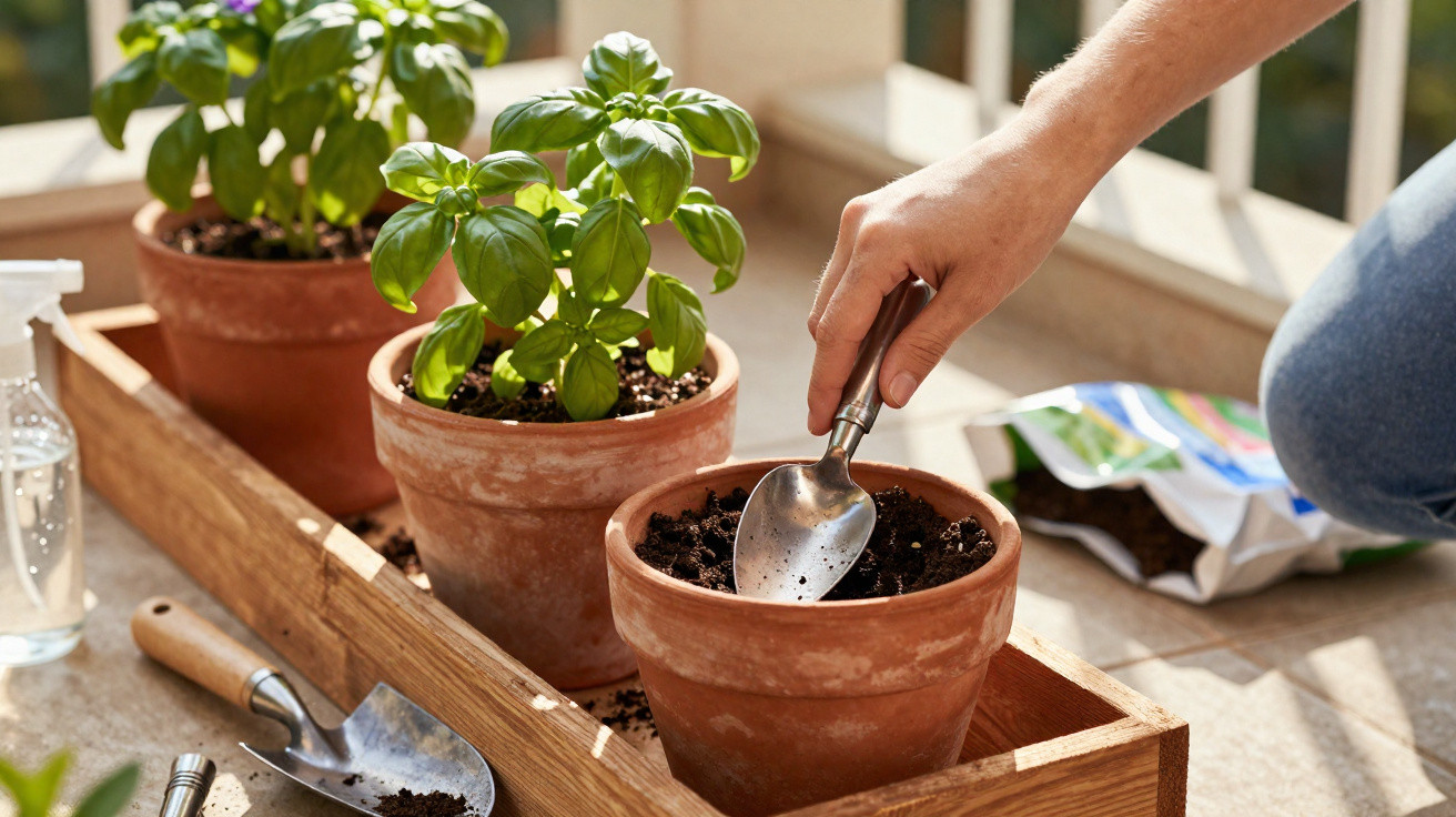Hand digging soil in terracotta pot with gardening tools and basil plants on balcony sunlight.