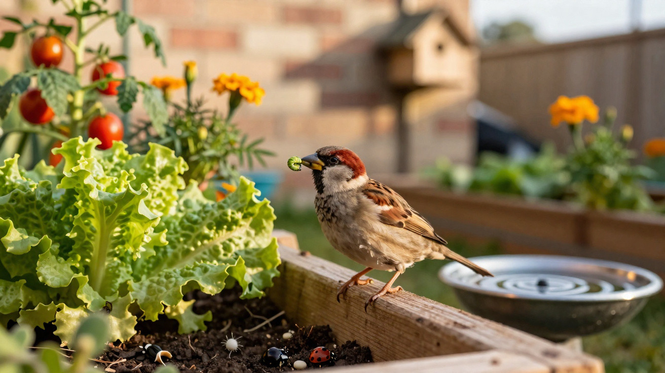 Sparrow holding a green pea on the edge of a wooden planter in a garden with lettuce and tomatoes.