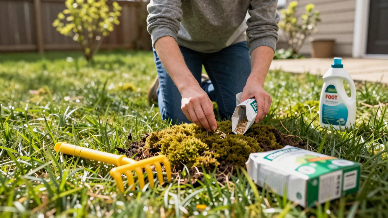 Person kneeling in grass planting moss with gardening tools and supplies nearby in a sunny backyard.