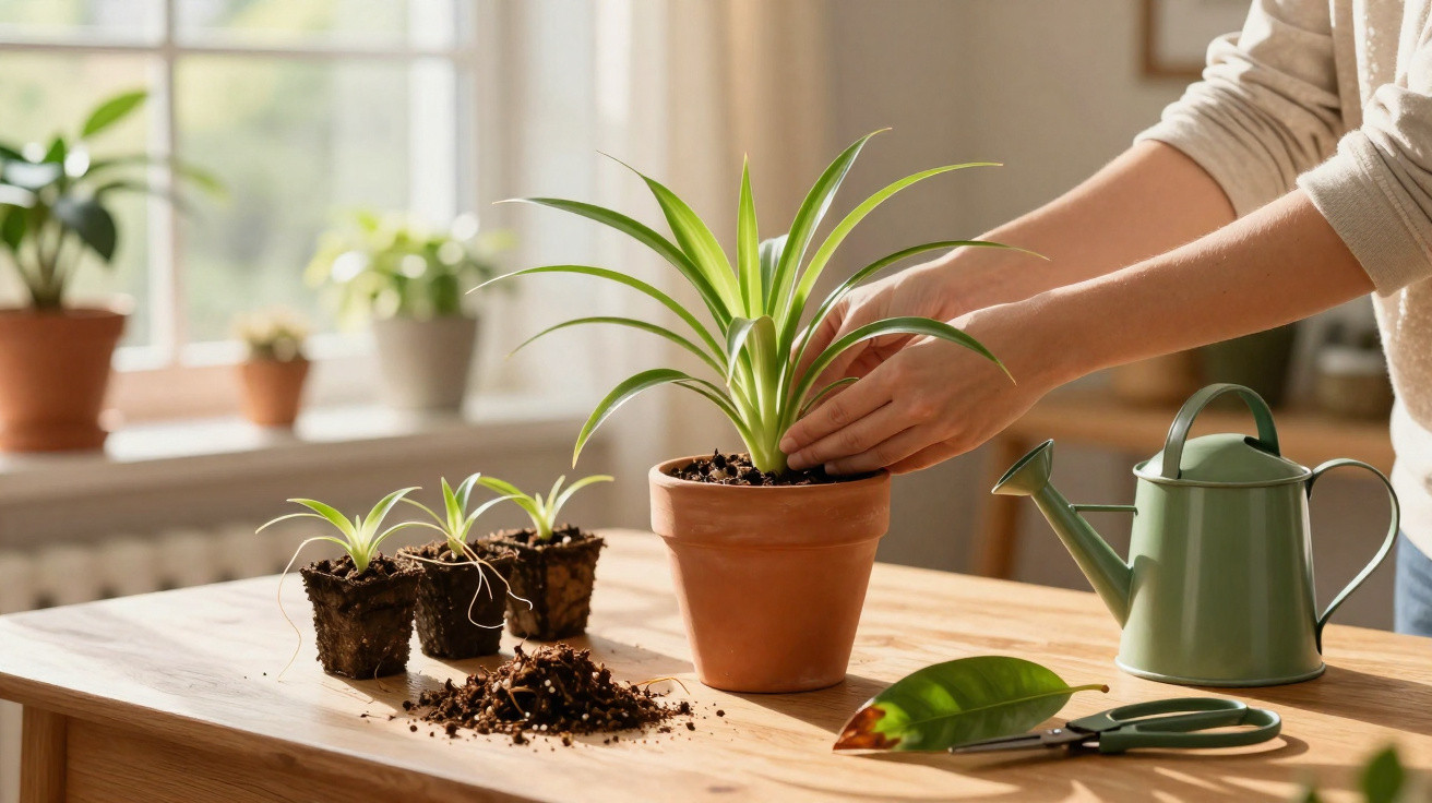 Person repotting a green houseplant on a wooden table with small seedlings, soil, watering can, and scissors nearby.