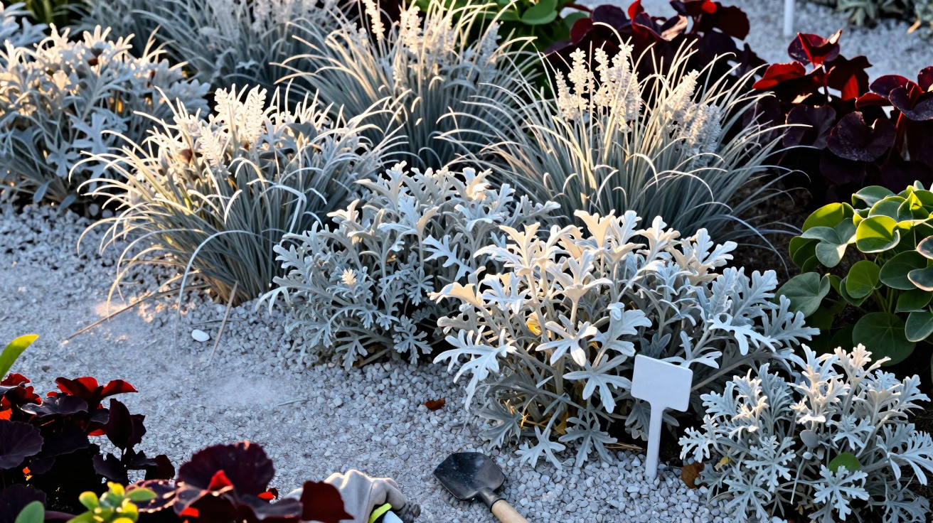 Ornamental garden with silvery dusty miller plants, green foliage, and a small gardening trowel on gravel.