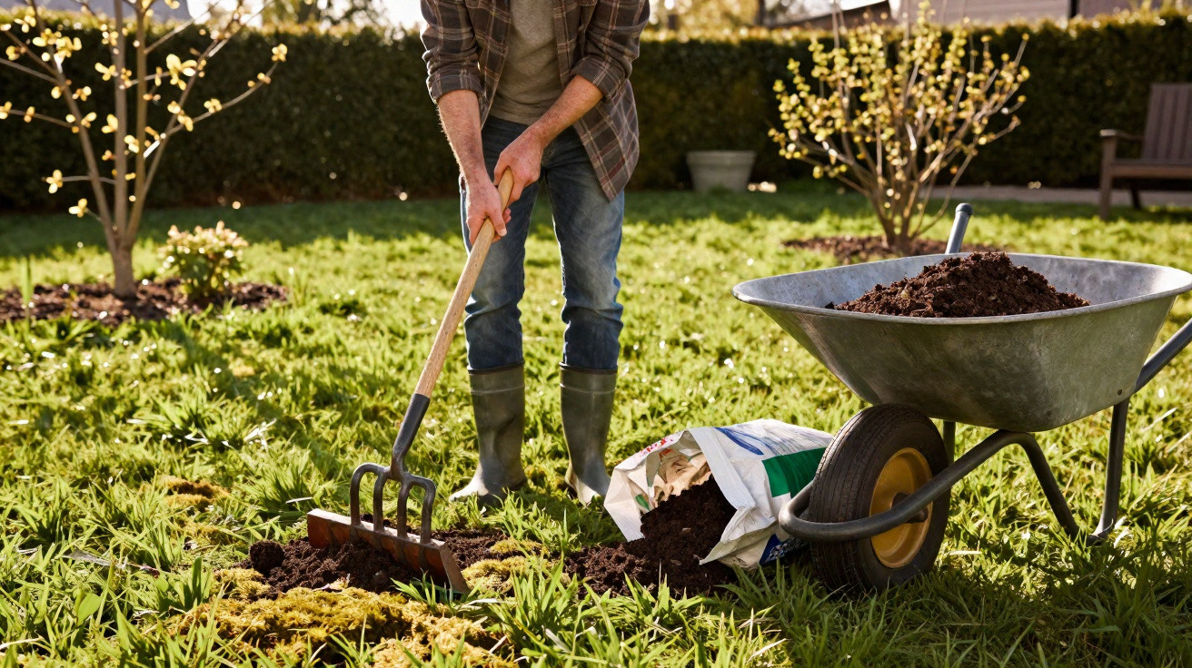 Person using a garden fork to spread compost from a wheelbarrow in a sunny backyard garden.