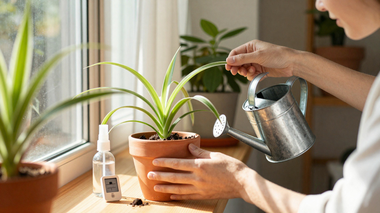 Person watering a potted spider plant by a window with a metal watering can indoors.