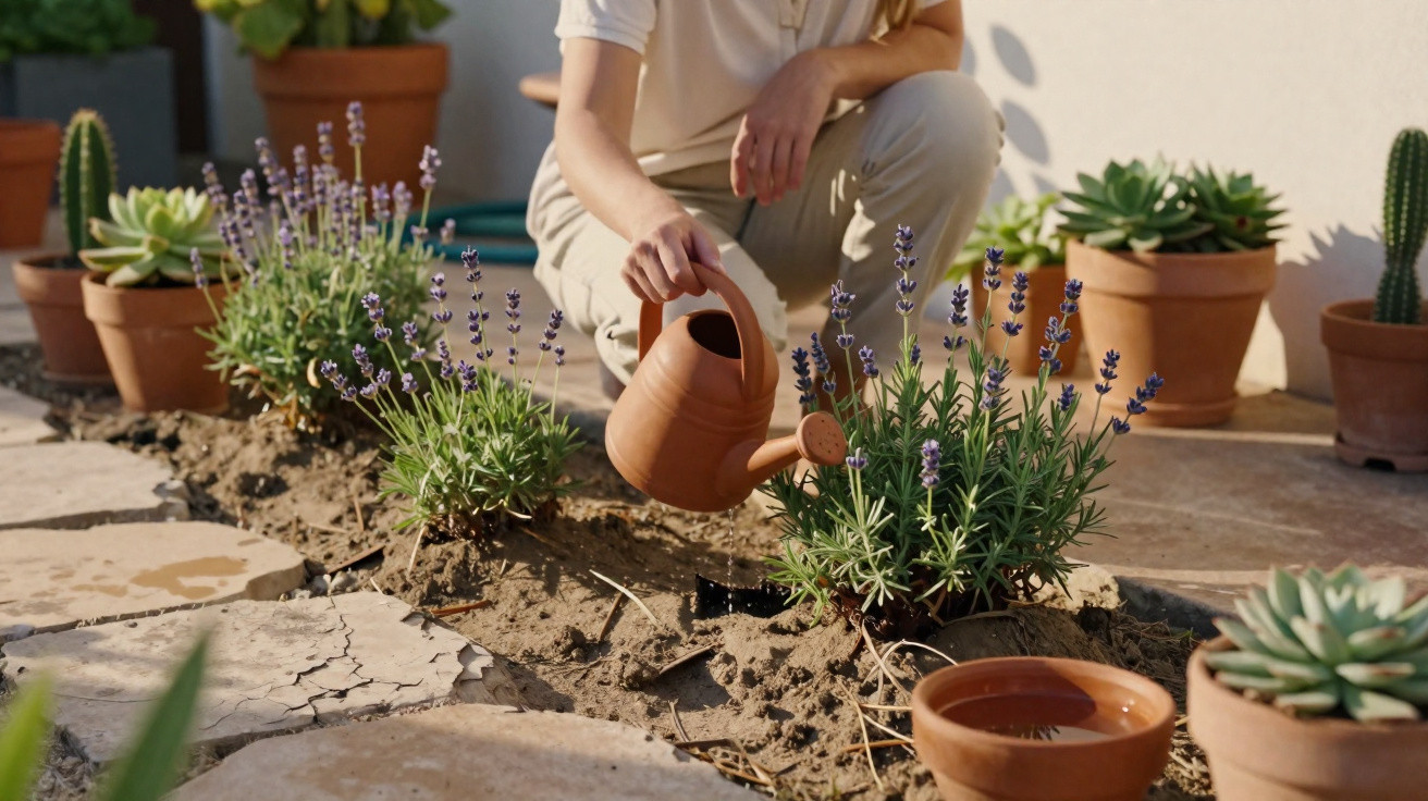 Person watering lavender plants in a garden with terracotta pots and succulents on a sunny day