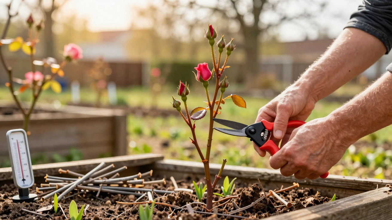 Hands pruning a young rose plant with secateurs in a raised garden bed on a sunny day.