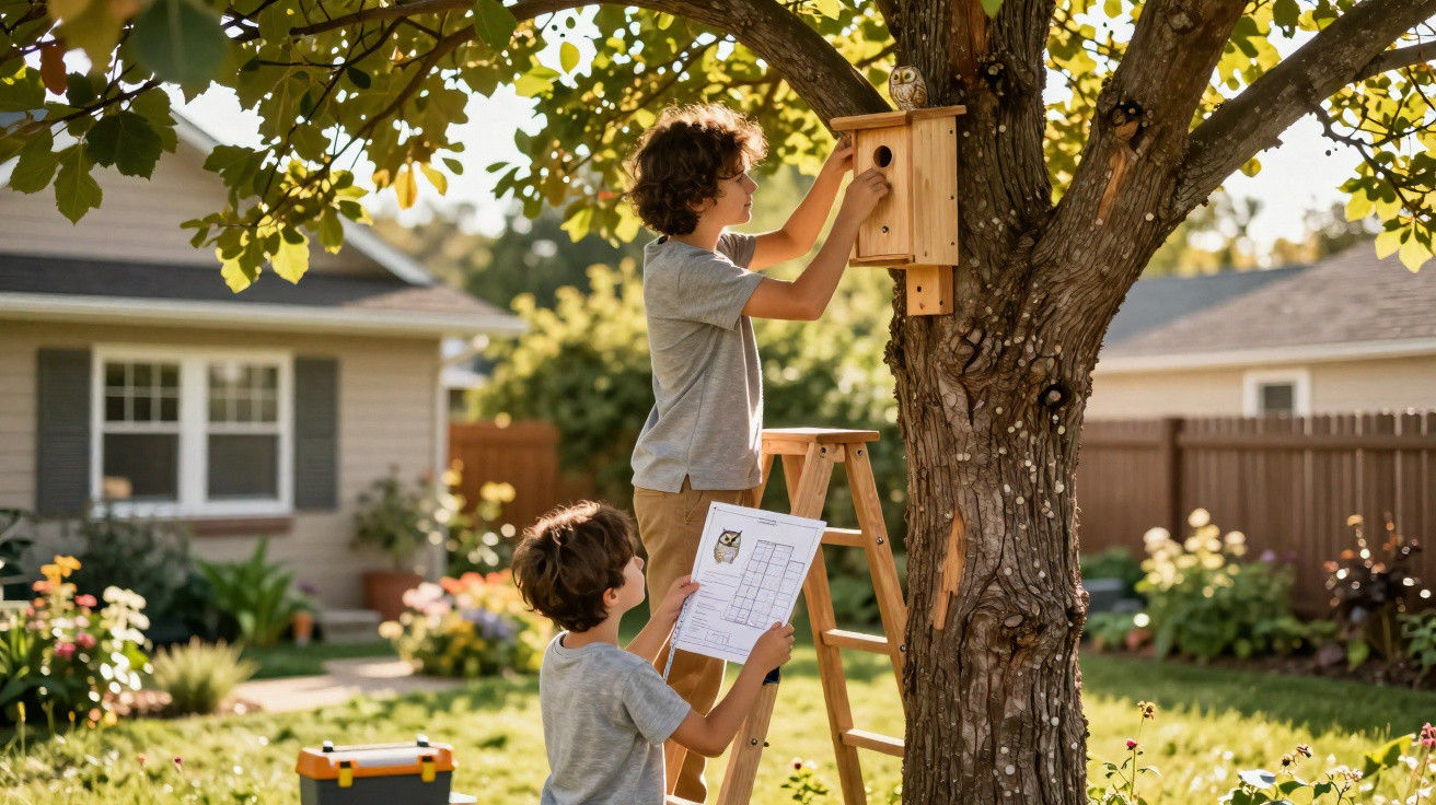 Two boys installing a wooden birdhouse on a tree in a sunlit garden with houses in the background.